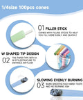 Diagram showing features of Colorful Pre Rolled Cones 100 Pack King Size With Loader and Packing Sticks