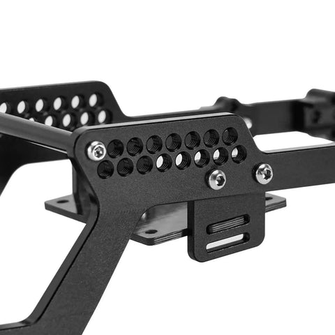 Closeup of Aluminum RC Crawler Chassis Frame For TRX4M 1 18 Scale Universal LCG Style showcasing CNC milled holes and mounting points.