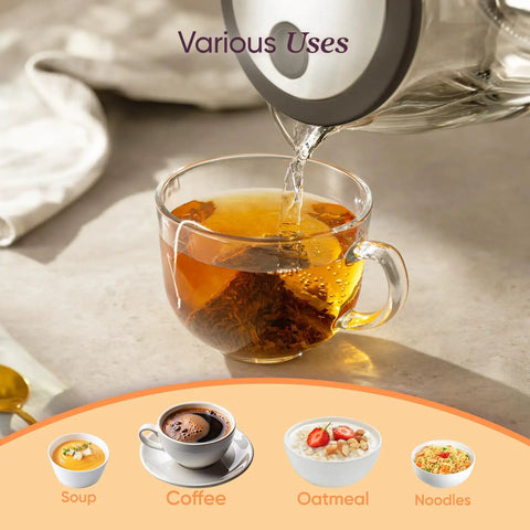 Pouring tea into cup using No Plastic Water Contact Electric Kettle With Wide Mouth Borosilicate Glass 1.7L