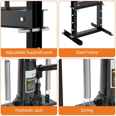 Tough As Nails Six Ton H Frame Hydraulic Shop Press Heavy Duty Steel Workhorse showing adjustable support, hydraulic jack, and springs.
