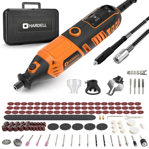 Powerful 180W Corded Rotary Tool Kit With 6 Variable Speeds And Flex Shaft, Chainsaw Sharpener, 8000 to 35000 RPM, 153 Piece Accessories Kit For Sanding, Polishing, Cutting, Engraving, Carving And DIY Projects displayed with case and accessories