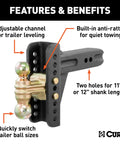 Features of Adjustable Channel Mount Ball Mount For Trailers With Anti Rattle And Leveling Capabilities, dual ball sizes shown