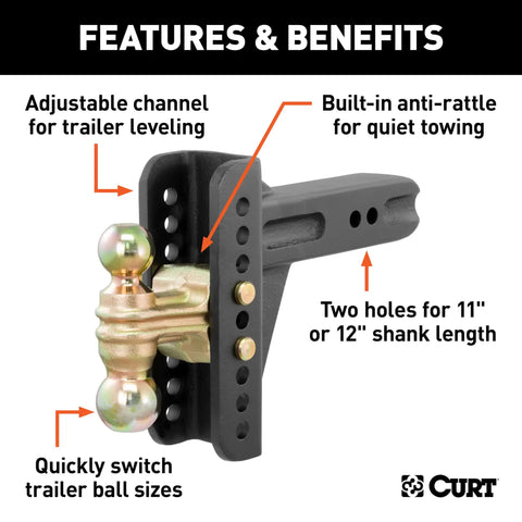 Features of Adjustable Channel Mount Ball Mount For Trailers With Anti Rattle And Leveling Capabilities, dual ball sizes shown