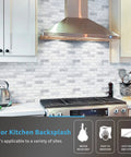 Self Adhesive 12x12 Backsplash Tiles 10 Pack For Kitchen Shower And Fireplace in kitchen setting with white cabinets and stove