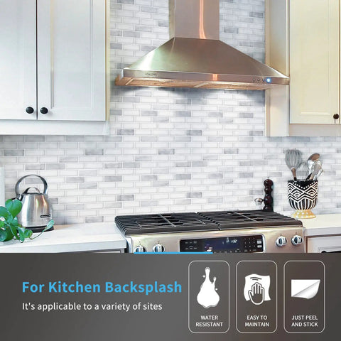Self Adhesive 12x12 Backsplash Tiles 10 Pack For Kitchen Shower And Fireplace in kitchen setting with white cabinets and stove