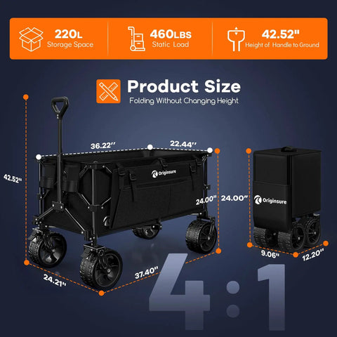 220L Collapsible Wagon Cart Heavy Duty Foldable With 460Lb Load Capacity, dimensions and size illustration