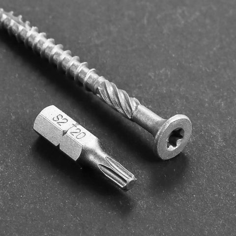 Close-up of Bronze Exterior Deck Screws 4 Inch 304 Stainless Steel Rust Resistant Epoxy Coated T25 Star Drive.