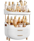 Four Tier White Makeup Organizer With Sleek Gold Handles Is A Total Game Changer For Bathroom Counter Storage Keeps Cosmetics Tidy Effortlessly And Never Misses The Mark with cosmetics and brushes on display.