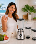 Woman holding Blender Lid Filler Cap For Oster And Osterizer Jar Lids With 2 Inch Hole Made Of Clear Plastic