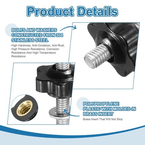 Top Shelf M6 X 40mm T Track Bolts And Six Way Knobs, 10 Piece 304 Stainless Steel Hardware Pack For Woodworking Jigs, showing black knob and stainless steel bolt details.