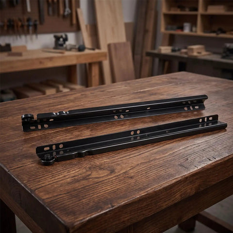 Top Notch Bottom Mount Drawer Slides Pair With Smooth Glide Tracks Hassle Free Installation For Kitchen Cabinets Wardrobes And Toolboxes Tough As Nails Hardware Setup, heavy duty steel rails on wooden table.