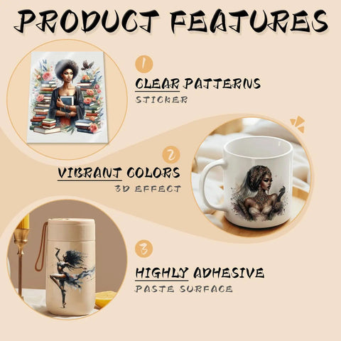 Image showcasing features of the UV DTF Cup Wrap Set 24 Sheets For Mugs And Glasses Do It Yourself Transfer Paper; includes clear patterns, vibrant colors, and high adhesion.