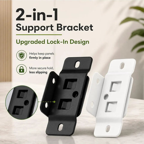 Black and white 2-in-1 support bracket with upgraded lock-in design, showing secure hold and panel stability benefits.