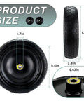Beefed Up Heavy Duty 13 Inch Flat Free Wheel Replacement Set dimensions and detailed view, for wheelbarrows and garden carts.