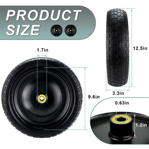 Beefed Up Heavy Duty 13 Inch Flat Free Wheel Replacement Set dimensions and detailed view, for wheelbarrows and garden carts.