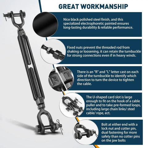 Heavy Duty Turnbuckle With Large Jaw For Cables And Wire Rope Half Inch 2205 Lbs Working Load Black Tensioner detail view