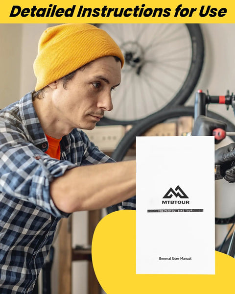 Cyclist using the DIY Friendly Hydraulic Disc Brake Bleed Kit For Shimano TEKTRO TRP with manual in a workshop setting.
