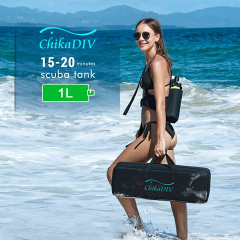Woman on beach with Mini 1L Scuba Tank With Pump For Underwater Exploration And Breathing Training Portable Lung Tank