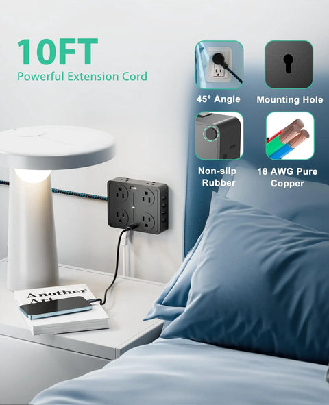 Totally Stacked 8 Outlets Power Strip Surge Protector with 6 USB Ports wall-mounted with lamp and bed in room setting