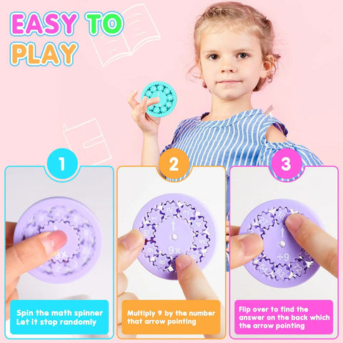 Child holding 9 Piece Math Fidget Spinner Set For Kids Cool Spin Toy, featuring steps to play, hands showing spinner details.