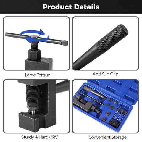 Motorcycle Chain Rivet Tool Kit, 15 Piece Set, large torque, anti-slip grip, CRV material, compact case, product details
