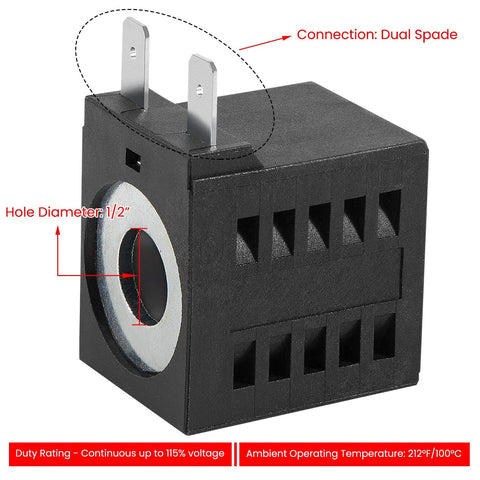 12V DC Solenoid Coil 16W with dual spade connectors for hydraulic power unit, fits valve stem series 08 80 88 98, front view