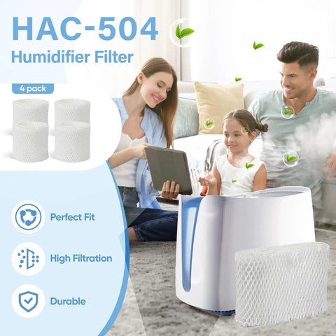 Family using 4 Pack HAC 504 Humidifier Wicking Filter Replacement For Honeywell HCM Series, with filter and humidifier in background.