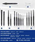 30 Piece Heavy Duty Punch And Chisel Set With Roll Pouch including cold chisels, center pin, taper punches, and gauge with blackened finish