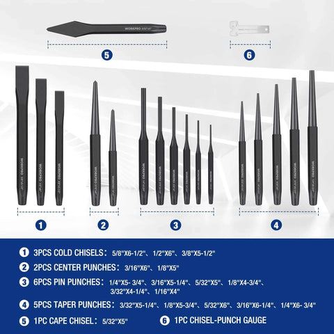 30 Piece Heavy Duty Punch And Chisel Set With Roll Pouch including cold chisels, center pin, taper punches, and gauge with blackened finish