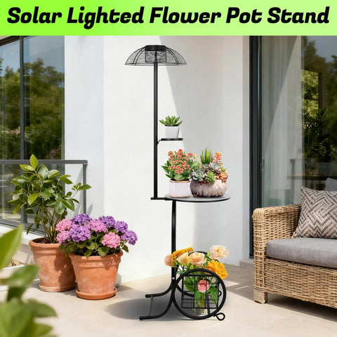 Solar lighted flower pot stand with colorful potted plants next to wicker sofa on a sunny patio.