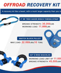 Beefed Up Off Road Recovery Kit With 3 Inch By 8 Foot Tree Saver Strap, 3/4 Inch D Ring Shackles, 10 Ton Snatch Block Pulley, And Storage Bag For Truck SUV ATV 4x4 with blue recovery gear