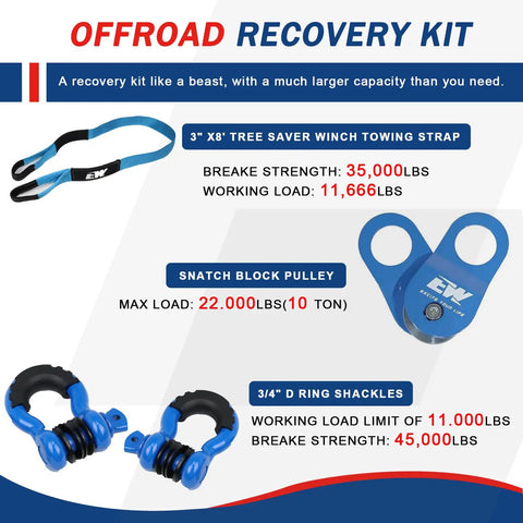 Beefed Up Off Road Recovery Kit With 3 Inch By 8 Foot Tree Saver Strap, 3/4 Inch D Ring Shackles, 10 Ton Snatch Block Pulley, And Storage Bag For Truck SUV ATV 4x4 with blue recovery gear