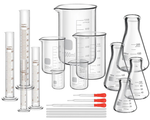 Complete Lab Glassware Starter Kit With 50 100 250 500 1000ml Beakers, Graduated Cylinders, Glass Droppers, Stirrers, And Measuring Cups