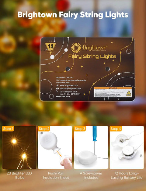 14 Pack Battery Operated LED Fairy Lights On 7ft Silver Wire Waterproof Twinkle String Lights With 20 LEDs Firefly Moon Star Glow For Mason Jars DIY Christmas Wedding Party Bedroom Decor product packaging with setup instructions.