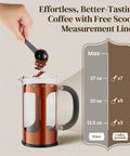 34oz No Plastic Touch French Press Coffee Maker With Heat Resistant Borosilicate Glass showing coffee grounds being added