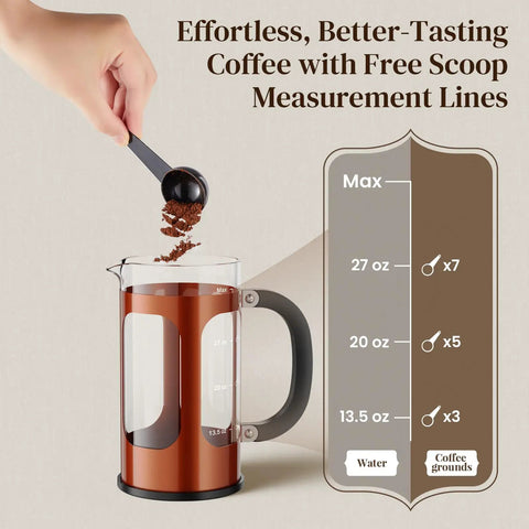 34oz No Plastic Touch French Press Coffee Maker With Heat Resistant Borosilicate Glass showing coffee grounds being added