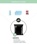 Personal hygiene kit with wet naps, surgical masks, and tissues in One Person 72 Hour Survival Go Bag With Food And Water, First Aid, And Prep Tools For Disasters And Earthquakes, Includes 1200 Calorie Per Day Meals, One Gallon Water Per Person, Water Pouches, And Purification Tablets.