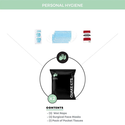 Personal hygiene kit with wet naps, surgical masks, and tissues in One Person 72 Hour Survival Go Bag With Food And Water, First Aid, And Prep Tools For Disasters And Earthquakes, Includes 1200 Calorie Per Day Meals, One Gallon Water Per Person, Water Pouches, And Purification Tablets.