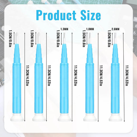 Five Piece Ceramic Insulated Screwdriver Set For Precision Electronics Repair And Watchmaking Includes Anti Static Slotted Tools showing tip sizes of 1.3mm to 2.6mm.