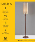 Tall walnut wood floor lamp with beige linen shade; mid-century modern style, cozy ambiance, 65 inches tall for home.