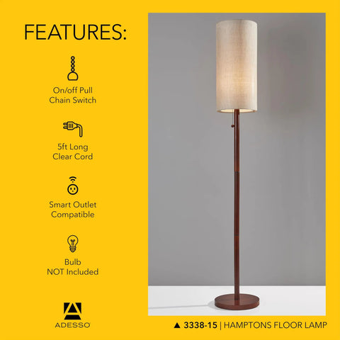 Tall walnut wood floor lamp with beige linen shade; mid-century modern style, cozy ambiance, 65 inches tall for home.