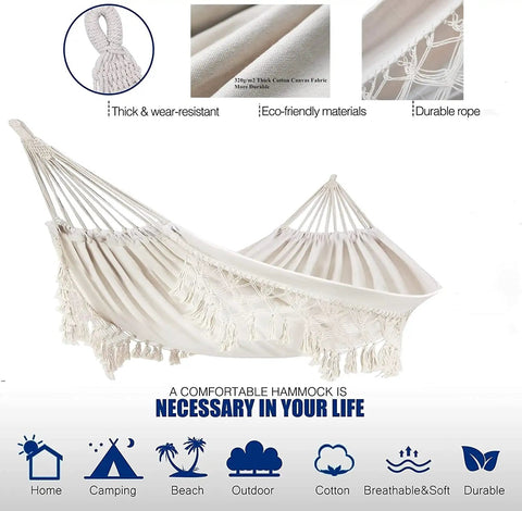 Chill Cotton Macrame Hammock With Fringe Tassels For Two People Boho Balcony Garden Outdoor Hangout Heavy Duty 480 Lb Capacity
