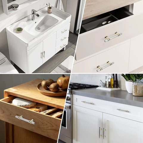 Collage of 10 Pack Brushed Nickel And Gold Cabinet Pulls for kitchens and furniture, installed on drawers and cabinets