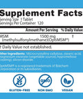 Supplement facts label for Top Shelf Real Deal Msm Sulfur Supplement Strengthening Joints And Nourishing Skin Hair Nails 1500 Mg Daily Fuel.