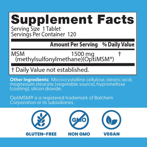 Supplement facts label for Top Shelf Real Deal Msm Sulfur Supplement Strengthening Joints And Nourishing Skin Hair Nails 1500 Mg Daily Fuel.
