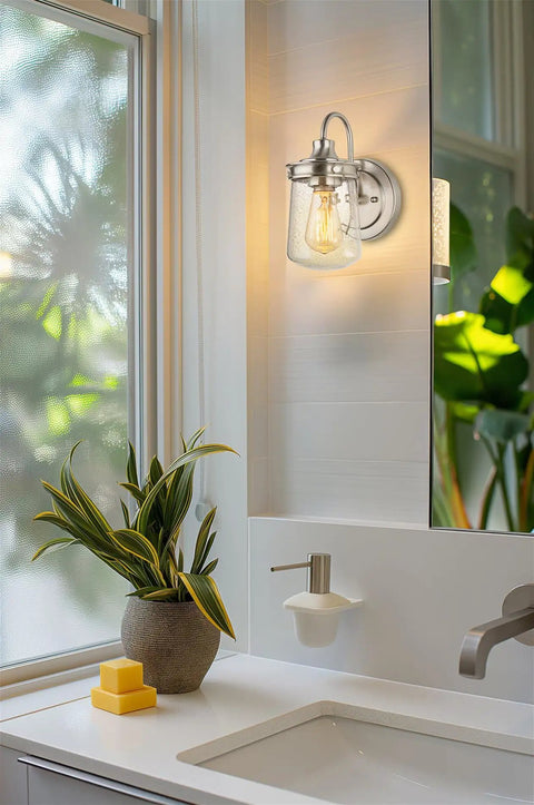 Mason 10 Inch Modern Farmhouse Wall Sconce With Seeded Glass Jar Shade, Industrial Gooseneck Light in Brushed Nickel in bathroom