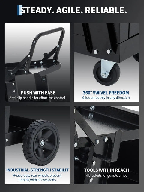 Heavy Duty Welding Cart On Wheels With Four Drawers For MIG Welder TIG Welder And Plasma Cutter detail view of handle and wheels
