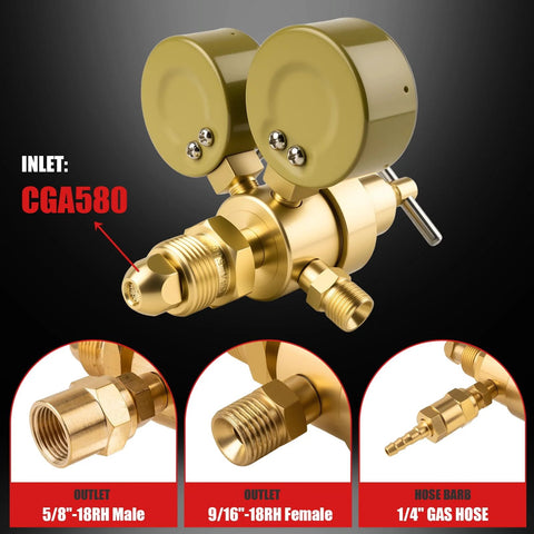 Front view of brass dual-gauge argon welding regulator with CGA580 inlet and 0-4000 PSI input