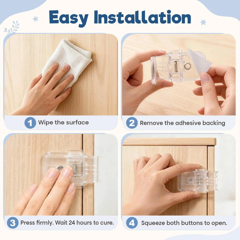 Steps to install Baby Proofing Drawer Locks With Dual Button Unlock Clear Adhesive Safety Locks 4 Pack Easy Install for drawers
