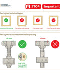 Diagram showing cabinet types and hole spacing for Premium Frameless Full Overlay Cabinet Hinges 10 Pack With Adjustable Closing Speed And Soft Close Self Closing Design For Quiet Easy Clip In Installation DIY Friendly.